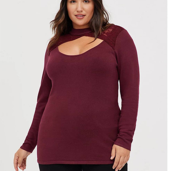 New Torrid 2 (2X 18/20) Burgundy Lightweight Lace Keyhole Busty Sexy Sweater Top - Picture 1 of 3